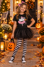 Load image into Gallery viewer, Kids Halloween Ghost Ballerina T‑Shirt — Cute Pumpkin &amp; Bat Costume Tee